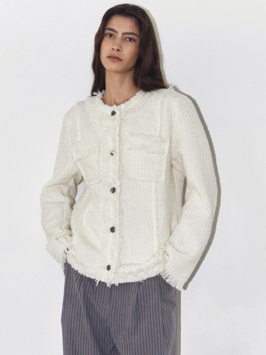 FRINGED TWEED JACKET, IVORY