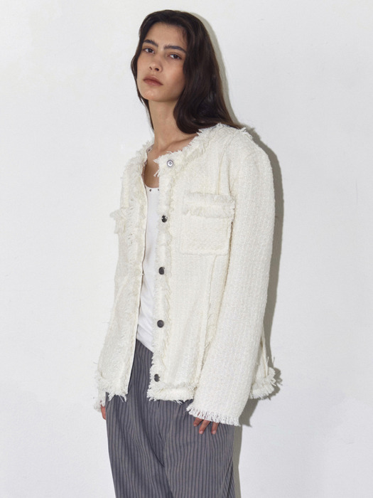 FRINGED TWEED JACKET, IVORY