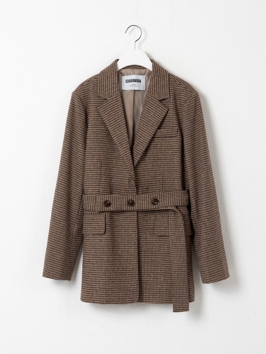 Wool Hound Tooth Check Belted Jacket
