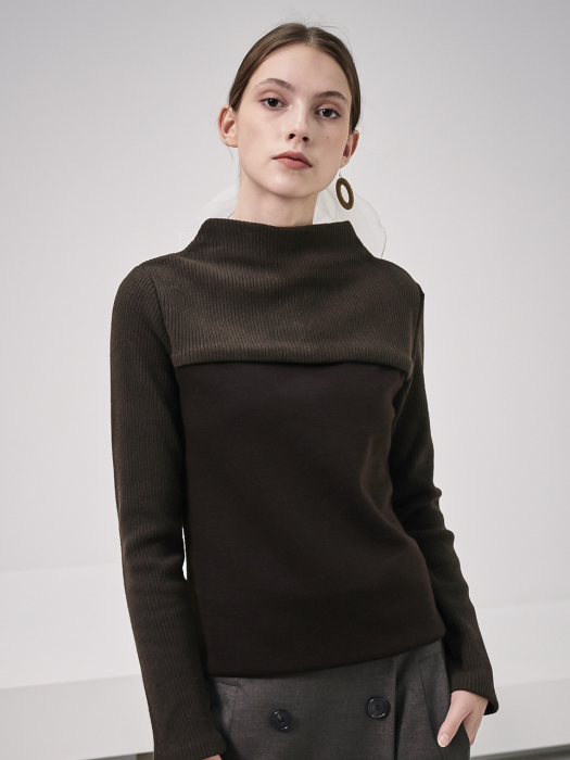 Rib Patched High-Neck Knit_Brown