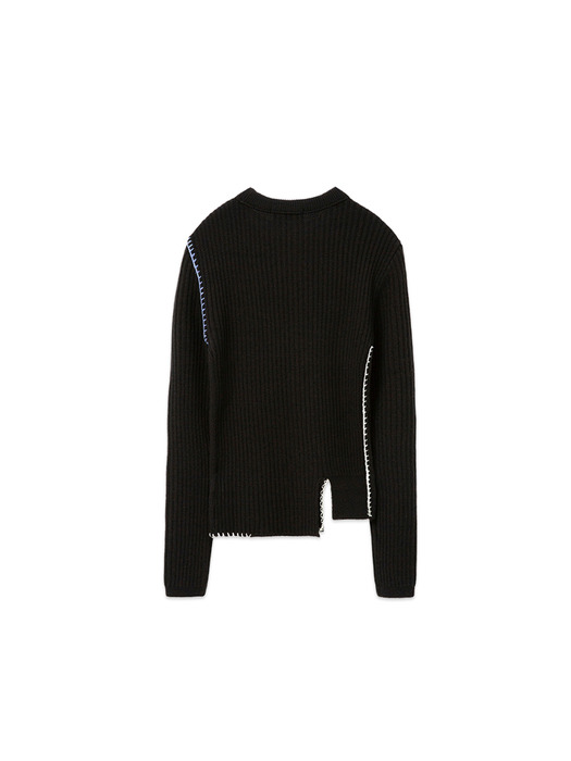 CONTRAST BLANKET STITCHED CASHMERE SWEATER atb367w(BLACK)