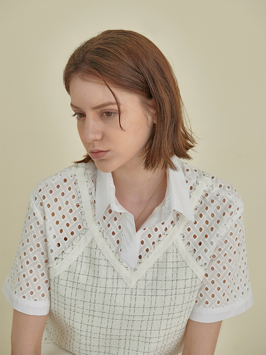 [Re;Collection] White Eyelet Blouse with Tweed