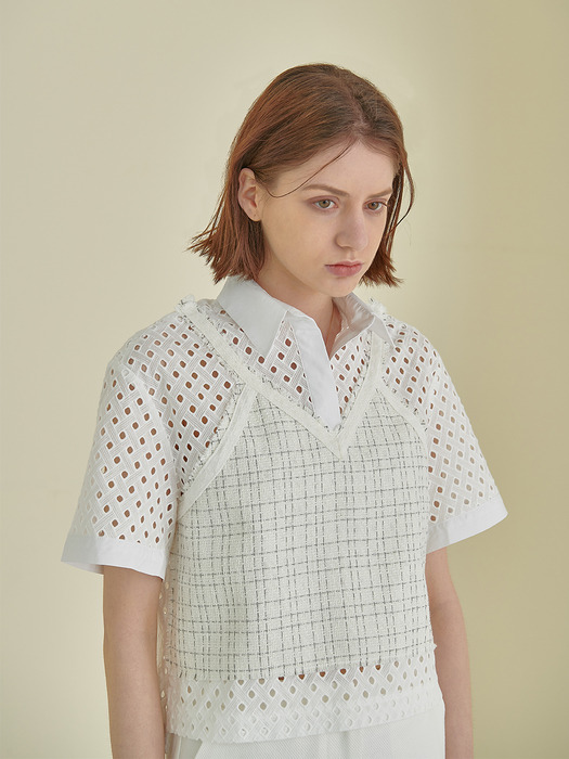 [Re;Collection] White Eyelet Blouse with Tweed