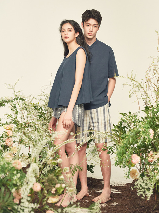 LINEN STRIPE SHORT PANTS, navy