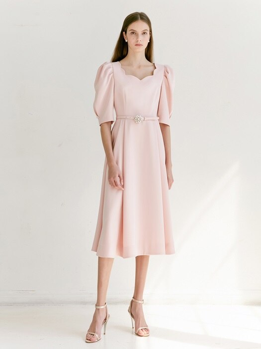 [미전시]FLORA Scalloped neck short puff-sleeve flared dress (Peach Pink)