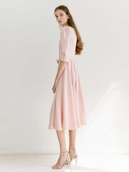[미전시]FLORA Scalloped neck short puff-sleeve flared dress (Peach Pink)