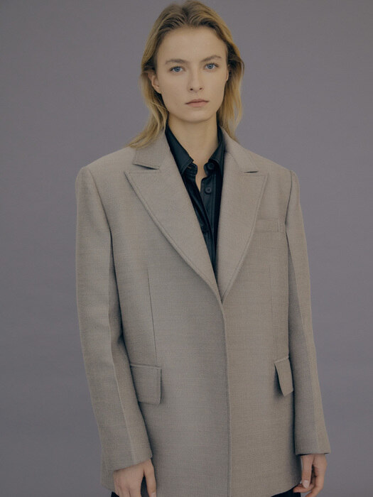  Peaked Lapel Open Wool Jacket / Grayish Beige