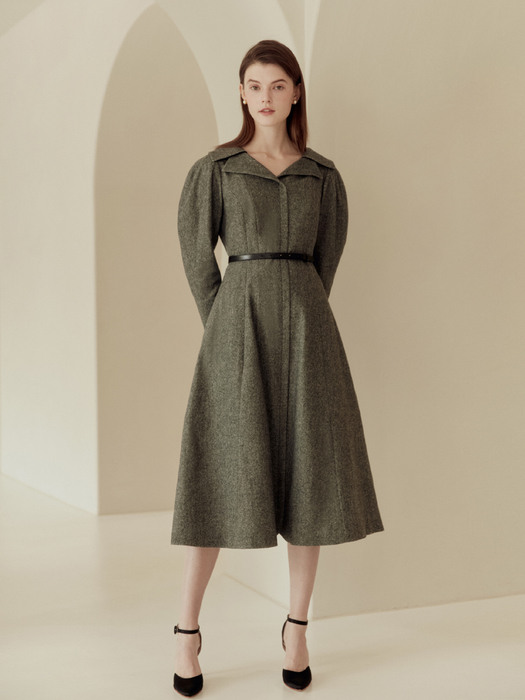 [미전시]LYANA Wide notched collar puffed sleeve A-line dress (Melange gray)