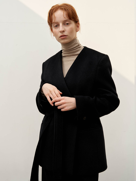 Collarless half coat - Black