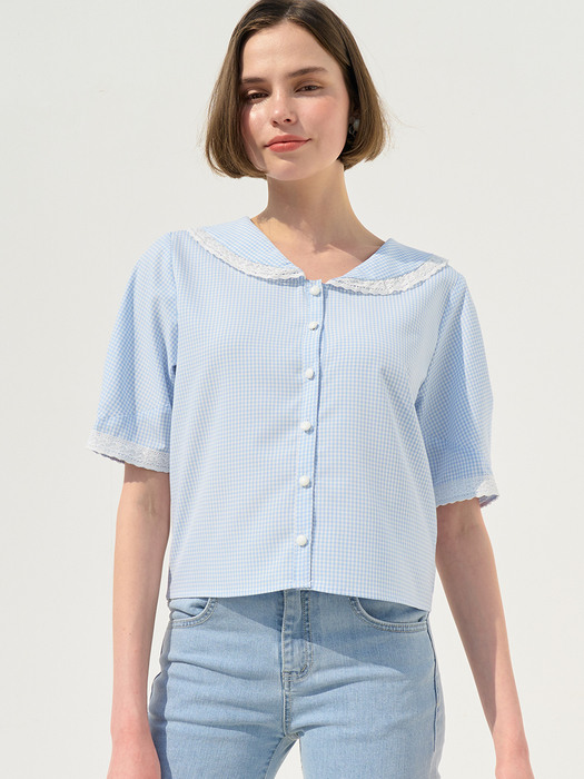 monts 1304 lace wing collar check blouse