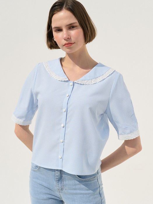 monts 1304 lace wing collar check blouse