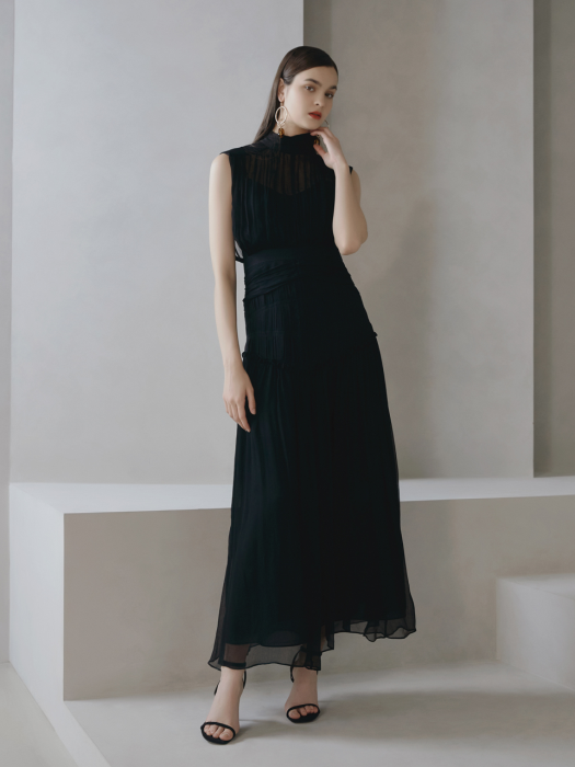 ANGI / See-through Chiffon Drape Long Dress(black)