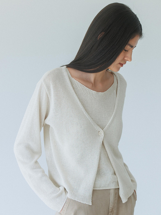 One Button Deep V-Neck Cardigan (Oatmeal)