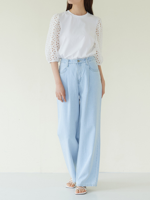 SUMMER WIDE DENIM TUCK PANTS LIGHT BLUE