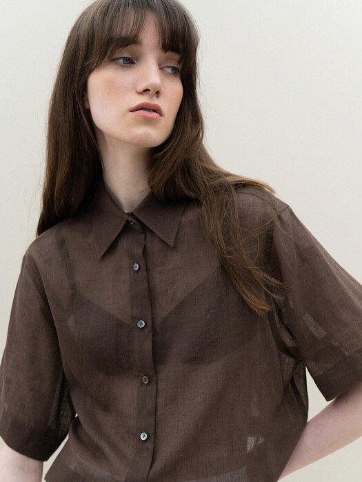 linen crop short-sleeve shirts (brown)