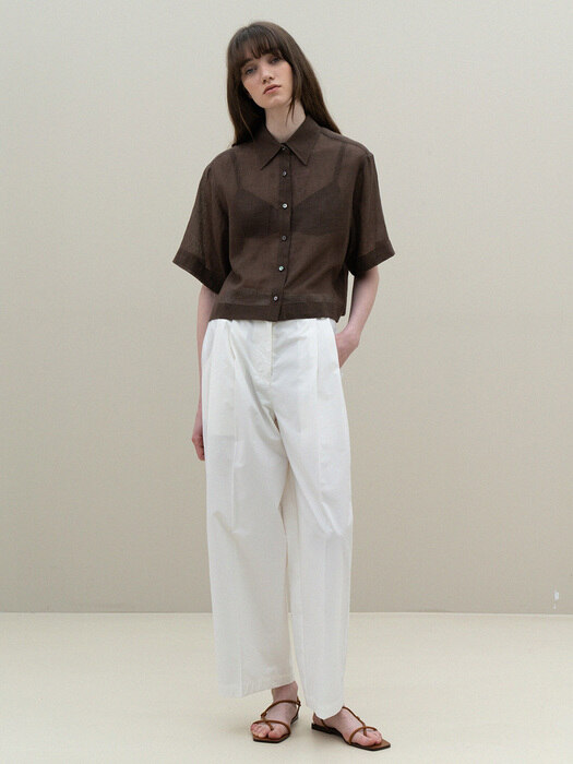 linen crop short-sleeve shirts (brown)