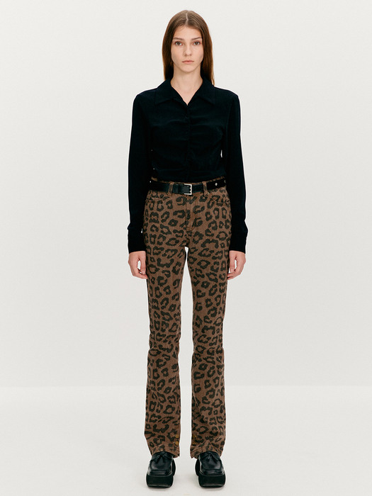 OPEN YY오픈 와이와이]LEOPARD SIDE BUTTON SKINNY JEANS, BROWN