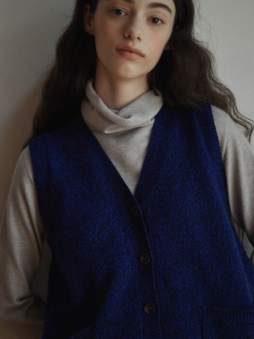 Wool tweed vintage V-neck open vest knit - 4color
