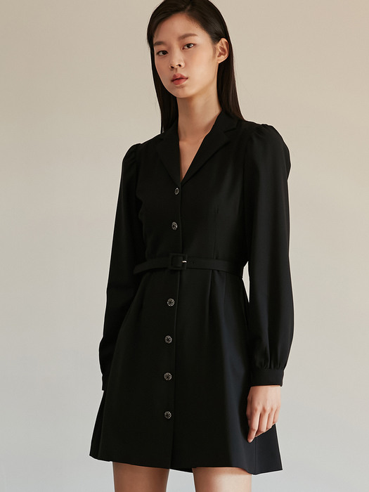 TAILORED COLLAR BELT MINI ONE-PIECE BASIC BLACK (SPECIAL BUTTON)