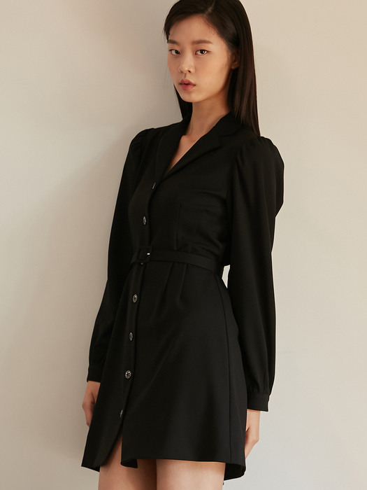 TAILORED COLLAR BELT MINI ONE-PIECE BASIC BLACK (SPECIAL BUTTON)