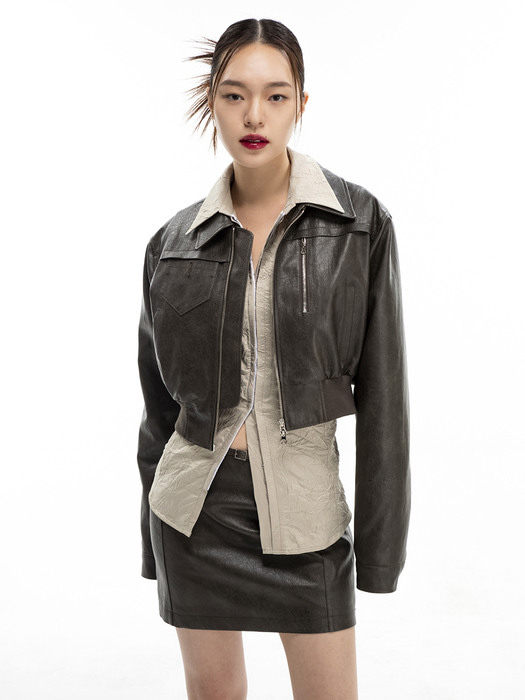 FAUX LEATHER CROP BLOUSON_KHAKI