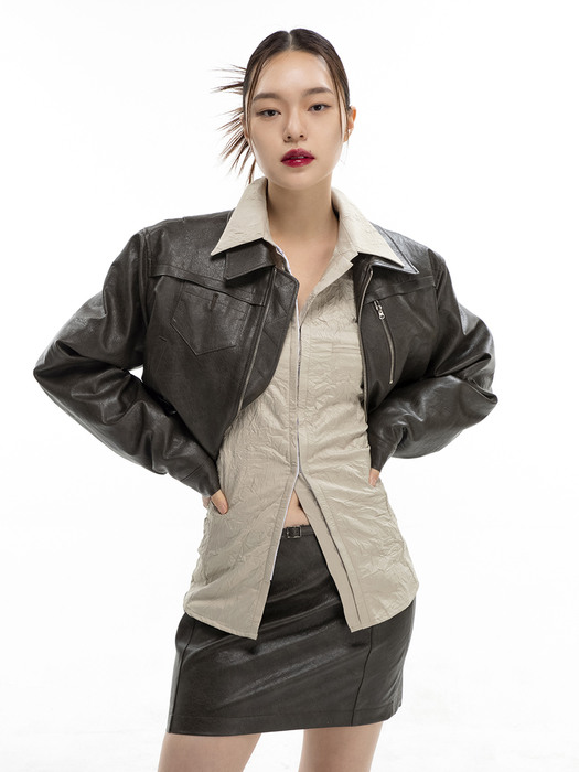 FAUX LEATHER CROP BLOUSON_KHAKI