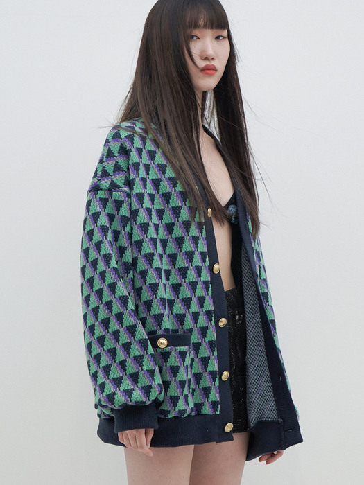 Oversized Geometric-Jacquard Cardigan[Green(UNISEX)]_UTW-FC12