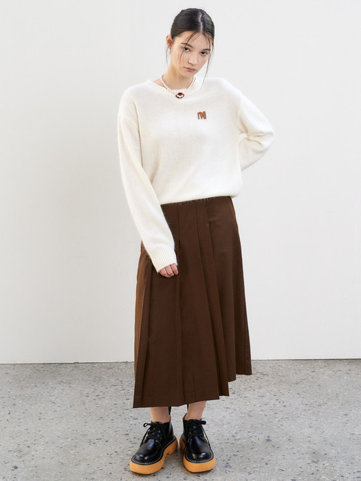 21 Winter_ Brown Asymmetry Pleats Midi Skirt 
