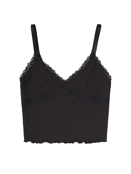 FLOWER LACE RIBBED TOP BLACK