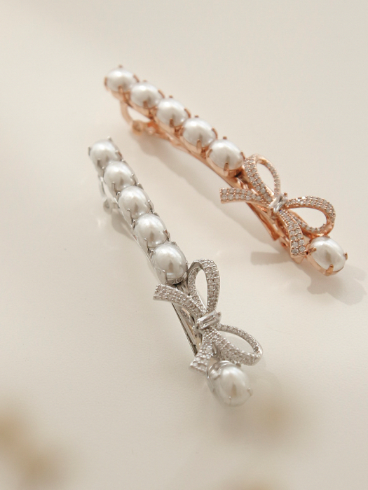 Lovely Ribbon Pearl Cubic Auto Hair Pin H0819