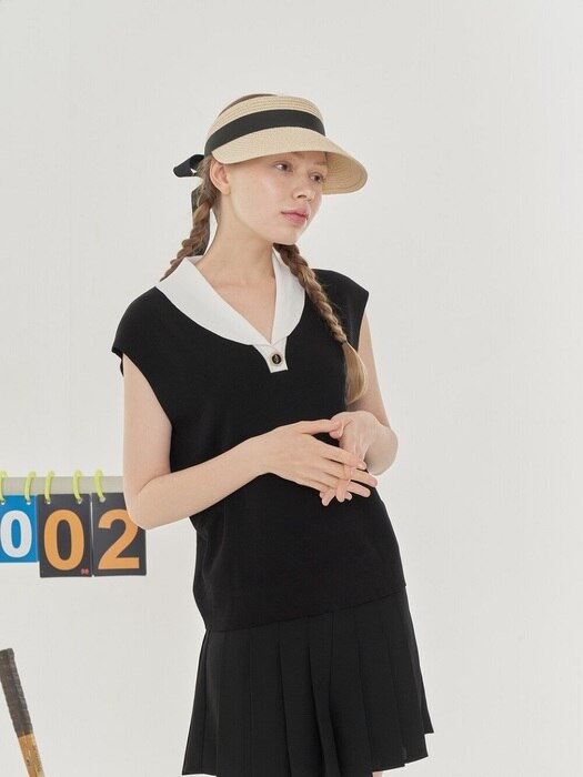 BUTTON-EMBELLISHED SLEEVELESS SUMMER KNIT_Black Combi