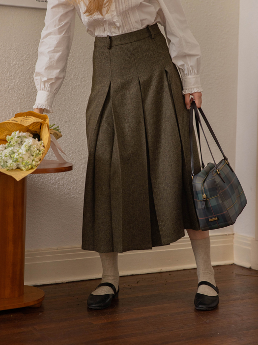 LUCILLE woolen long skirt_BLACKISH GREEN