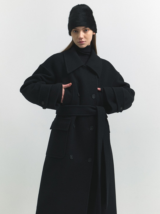 Boucle wool overfit double coat - Black