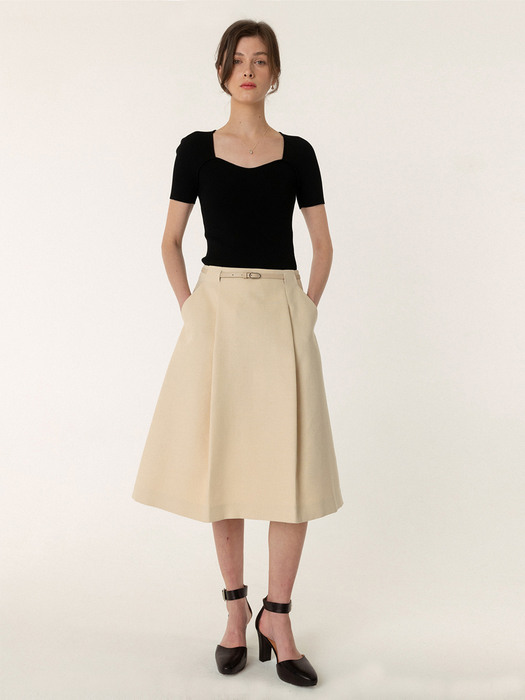 SS23 Minimal Pleats Belted Skirt Vanila