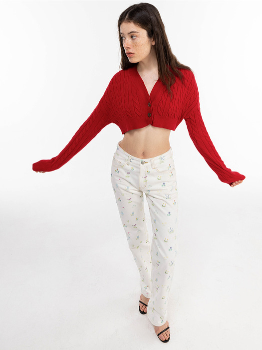 CABLE CROP KNIT CARDIGAN_RED