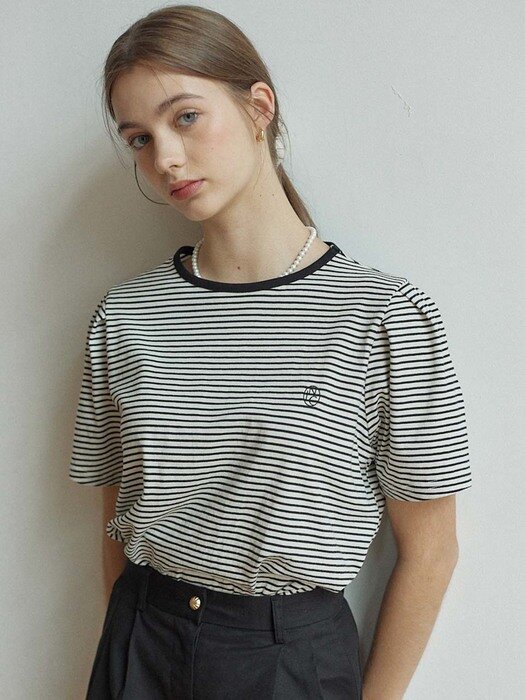 Stripe Puff Sleeve T-shirt - Cream Stripe
