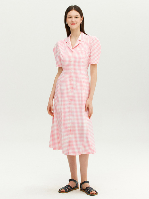 LATINA Notched collar A-line long one piece (Pink gingham check)