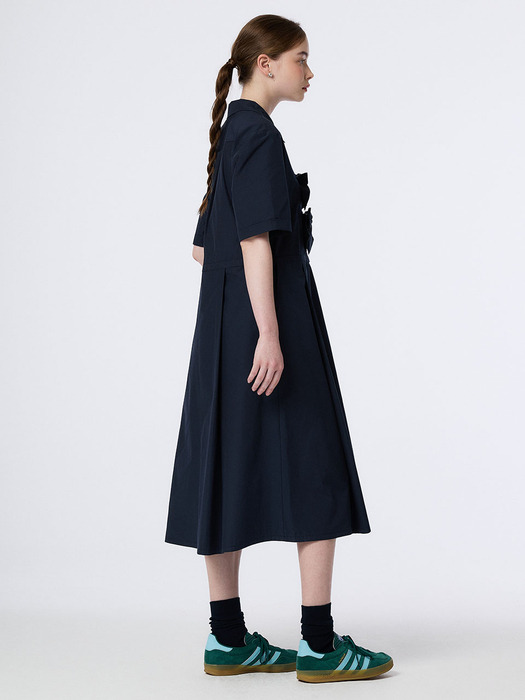 RIBBON POINT HALF BUTTON SHIRT DRESS (NAVY)