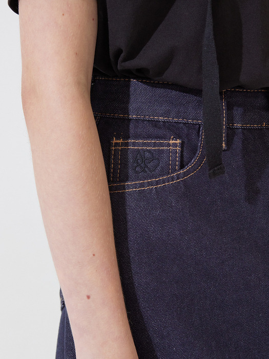 Piff embroidery denim long skirt - deep blue
