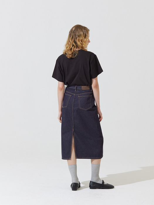 Piff embroidery denim long skirt - deep blue