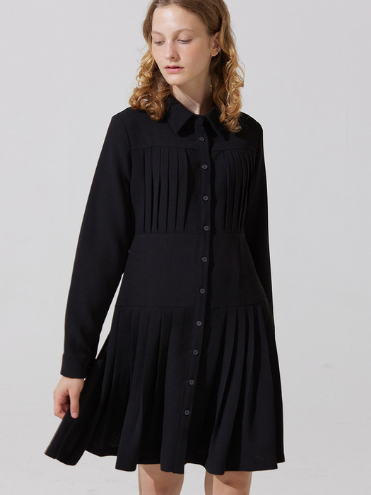 Curt shirts pleats long dress - black