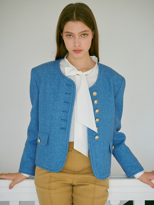 [EJnolee White Flame] Gold Buttons Blue Tweed Jacket