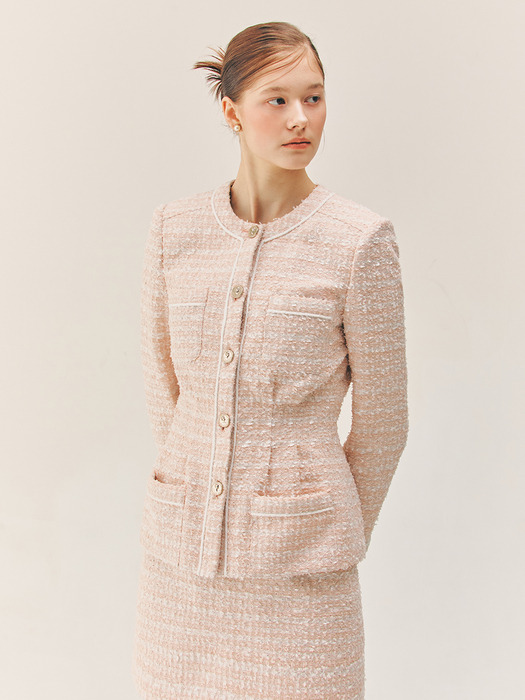 CAMERON Tuck detailed round neck tweed jacket (Pale coral pink)