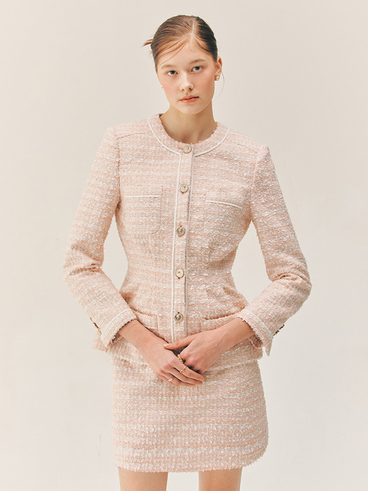 CAMERON Tuck detailed round neck tweed jacket (Pale coral pink)