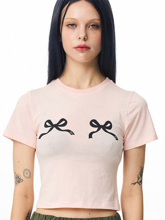 리본 핏티드 티셔츠 핑크