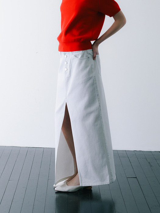 Slit Denim Long Skirt White