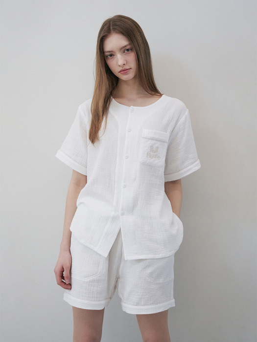 Cotton Gingham Piping Pajama Set (white)