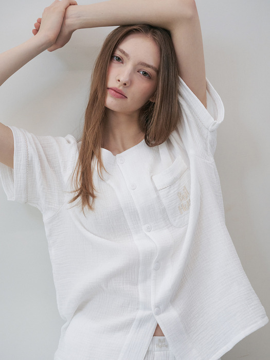 Cotton Gingham Piping Pajama Set (white)