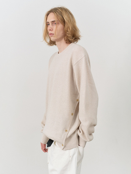 UNISEX BUTTONED CREWNECK SWEATER OATMEAL MELANGE_M_UDSW4C107I1