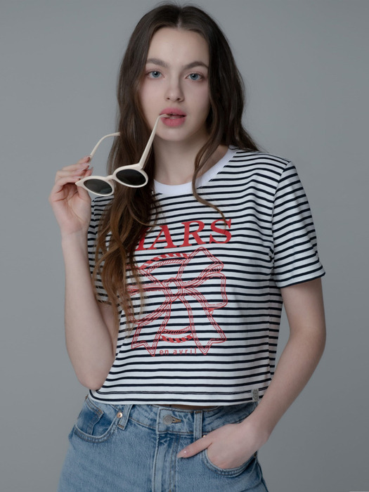 RIBBON CHAIN STRIPE CROP TSHIRT_NAVY RED